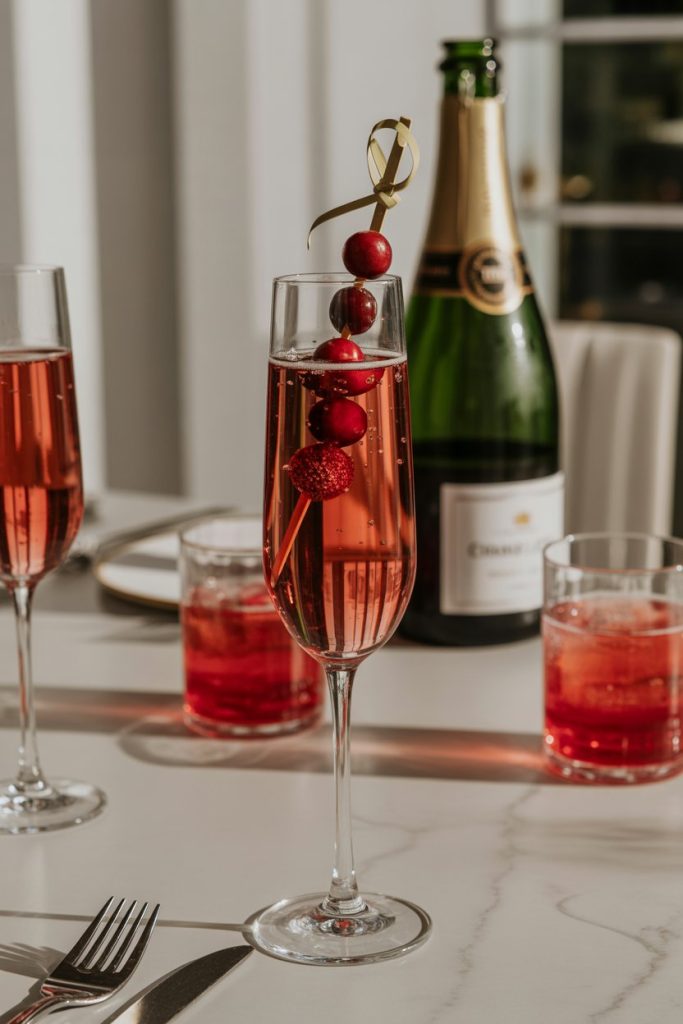 Elegant indoor reception table with a slender flute of cranberry champagne cocktail, cranberry skewer sliding into bubbles. Photo, no text or logos.