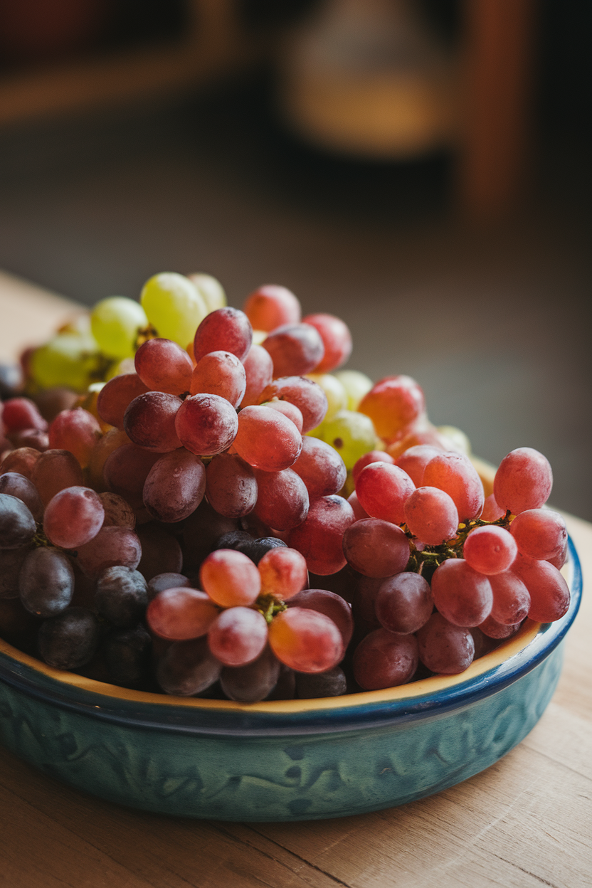 Indoor ceramic dish filled with a mix of red and green seedless grapes, slight sheen under soft lighting; no text or logos. Photo.