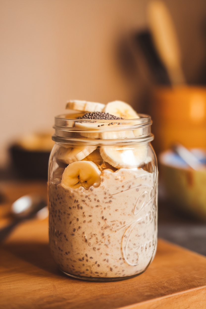 A warmly lit indoor countertop scene with a clear mason jar layered with peanut butter banana overnight oats, topped with sliced bananas and a sprinkle of chia seeds. Photo, no text or logos anywhere in frame.