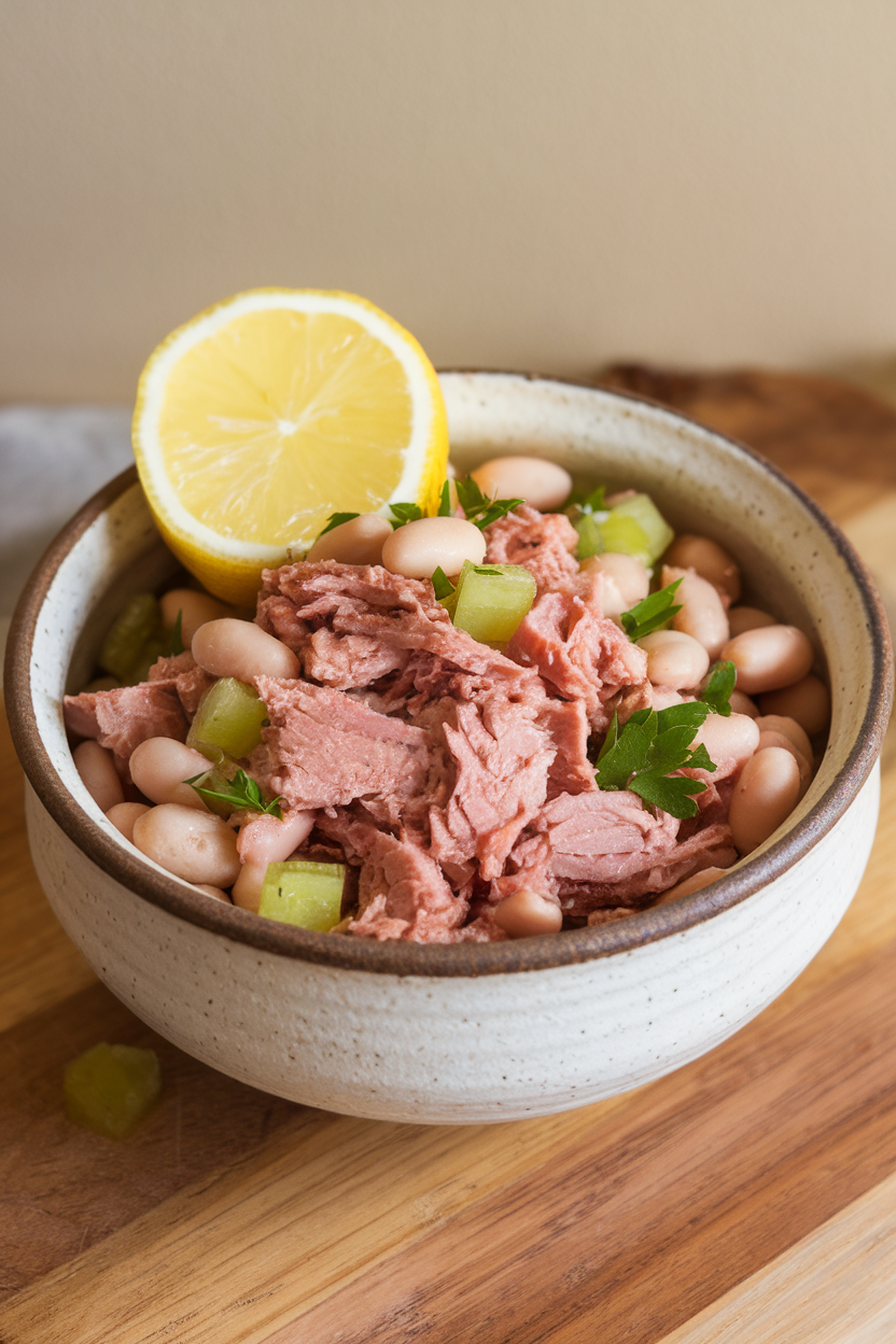 An indoor ceramic bowl of flaked tuna mixed with cannellini beans, diced celery, and parsley, a lemon wedge on the rim. No text or logos.