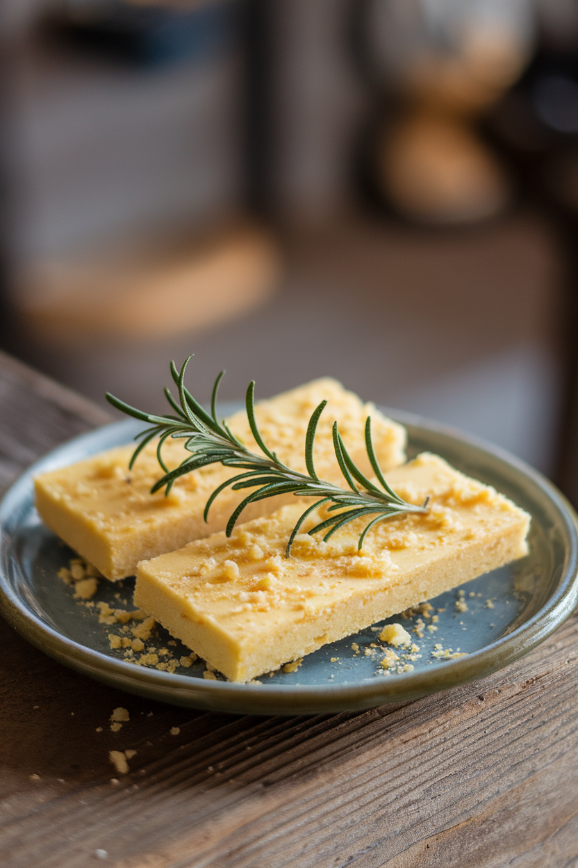 Rectangular lemon shortbread pieces with rosemary leaves on a ceramic plate indoors, subtle crumbs around. No text or logos.