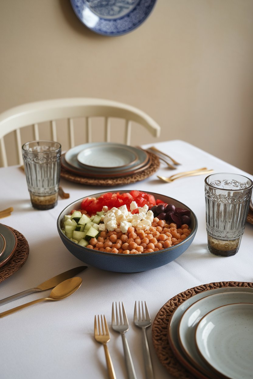 An indoor dining table with a bowl of chickpeas, diced cucumber, tomatoes, olives, and feta crumbles. Photo, no text or logos.