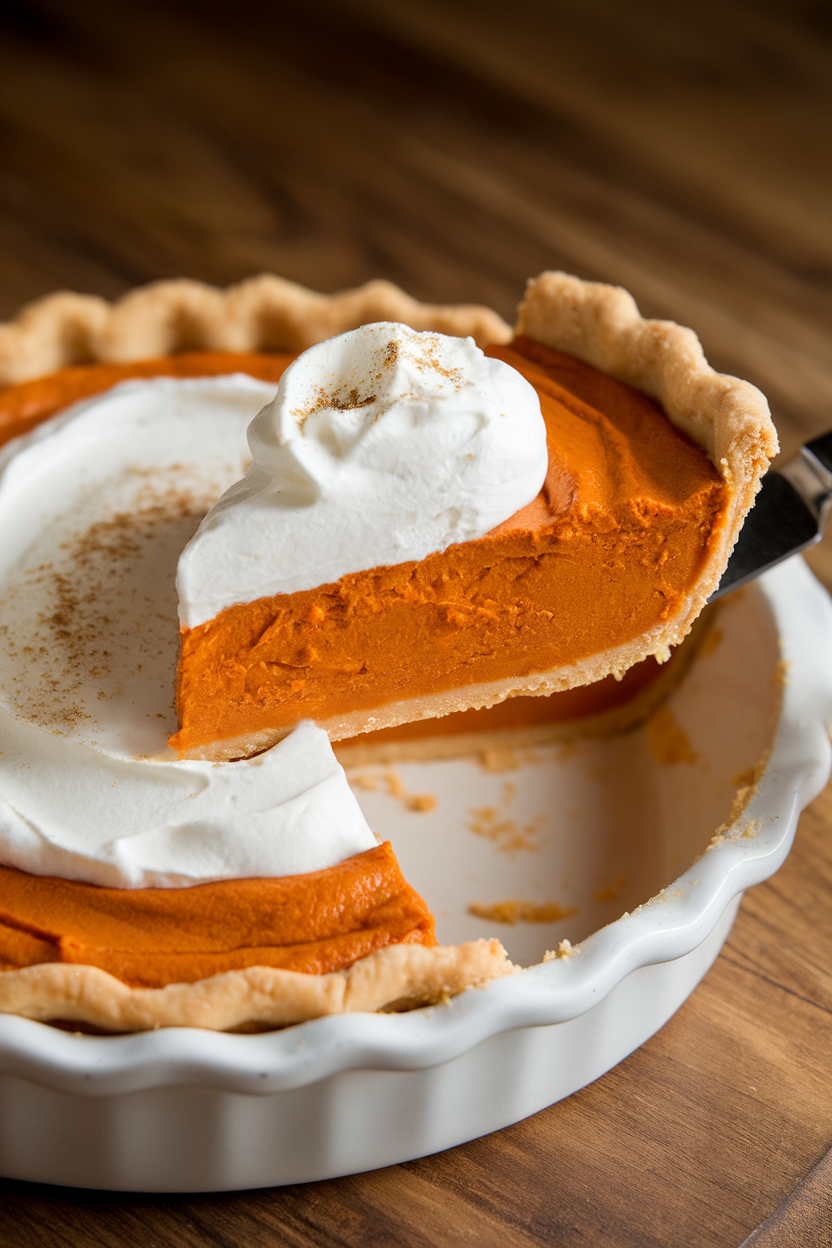 Indoor photo of a sweet potato pie with a dollop of whipped cream and hint of nutmeg on top, slice being lifted, no text or logos