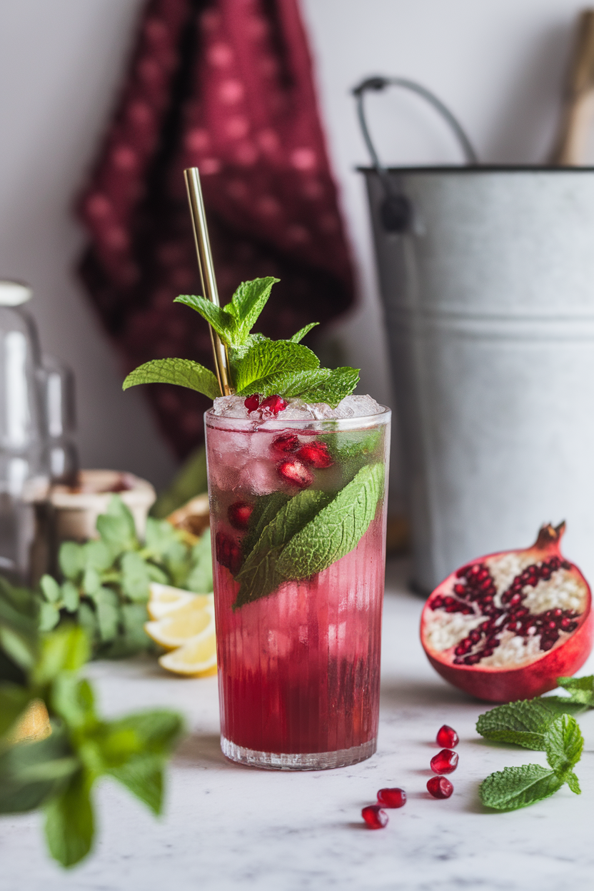 Indoor festive kitchen counter showing a tall glass of bright ruby mojito with mint leaves and pomegranate arils suspended among crushed ice. No text or logos; photograph, not illustration.