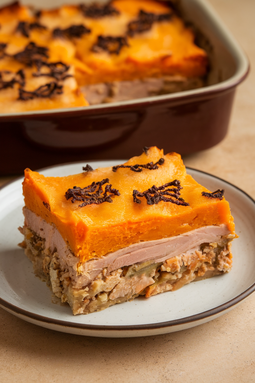 Indoor photo of casserole slice showing turkey base and orange sweet potato topping; no text or logos