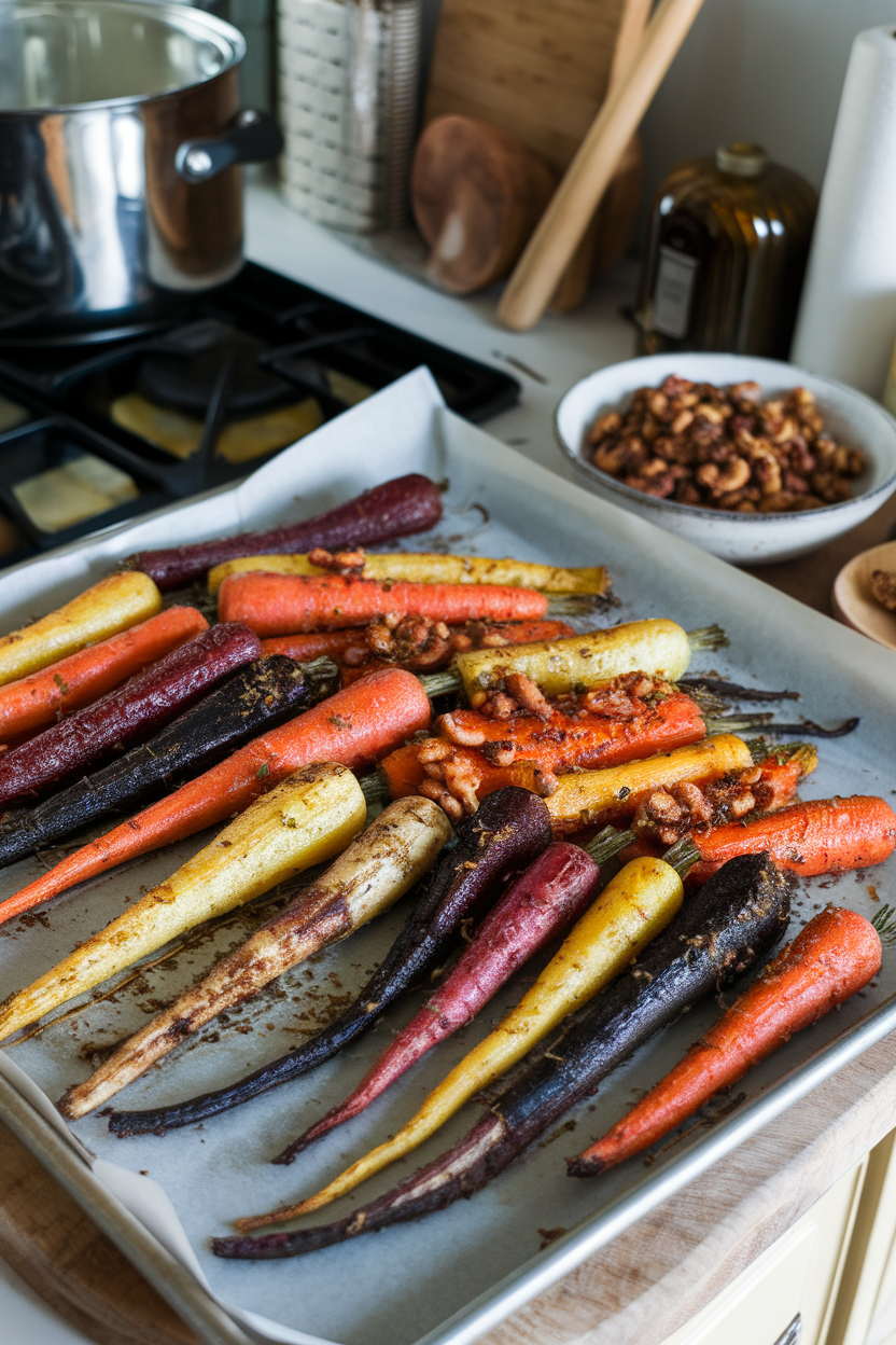 Photo of multicolored roasted carrots, parsnips, and golden beets on a baking sheet inside a kitchen. No text or logos.