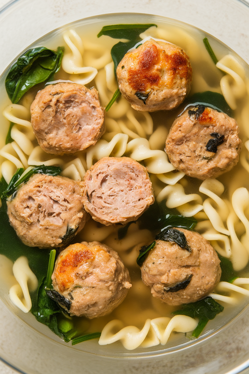 Indoor photo of mini turkey meatballs, spinach, and tiny pasta floating in a light broth, no text or logos present.