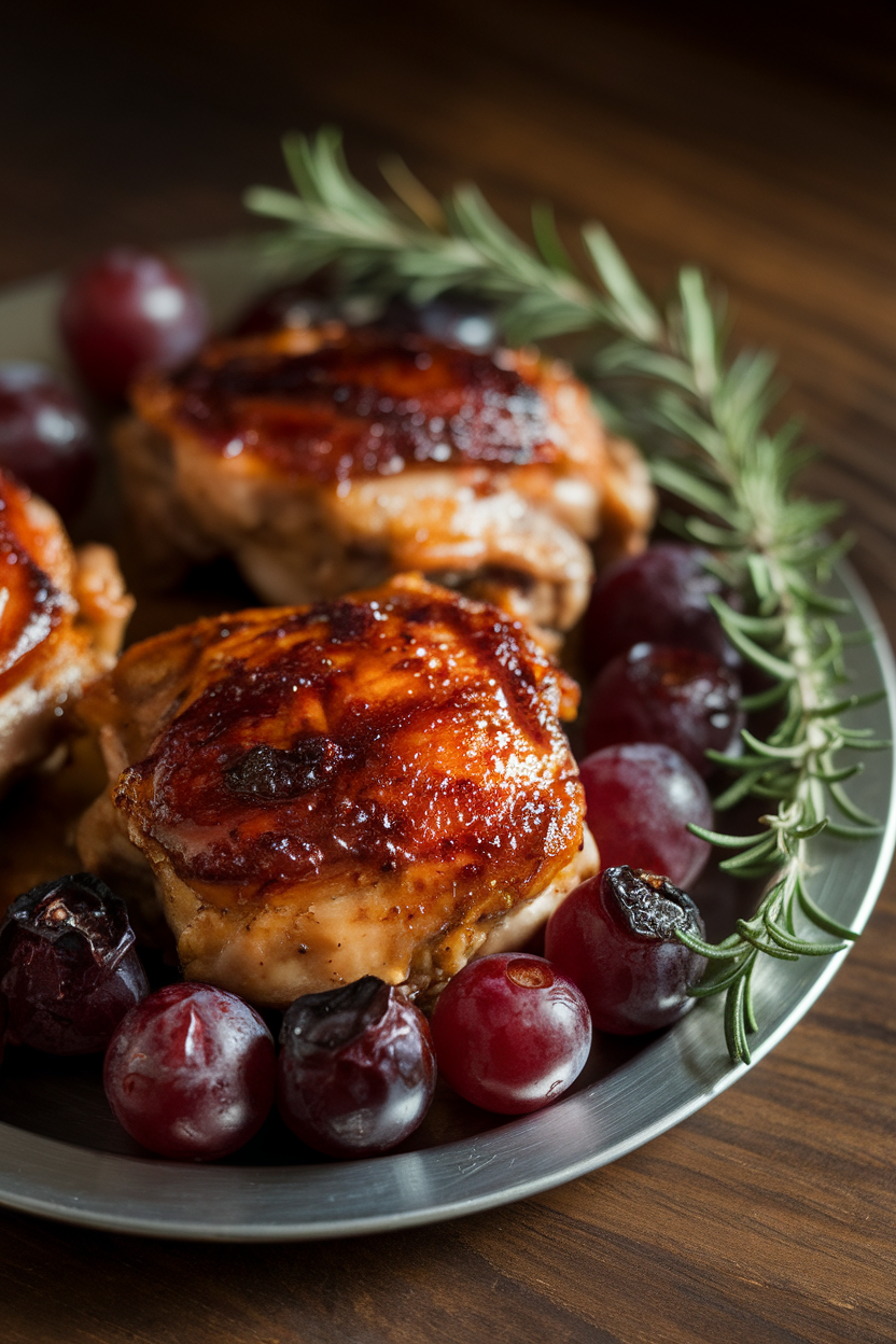 Indoor photo of glazed chicken thighs with blistered red grapes on a serving platter, rosemary sprig beside. No text or logos.