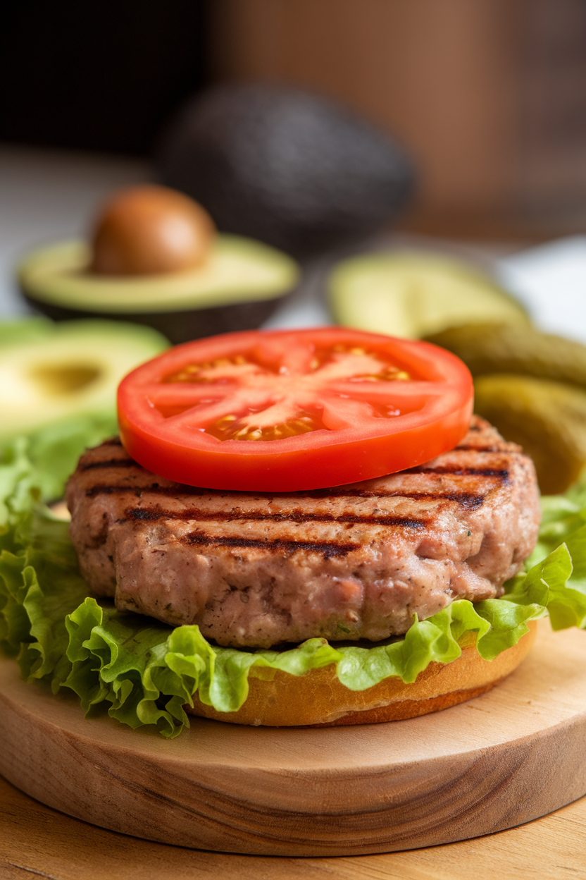 Lettuce-wrapped turkey burger patty with grill marks, slice of tomato on top, photographed indoors. No text or logos. Photo only.