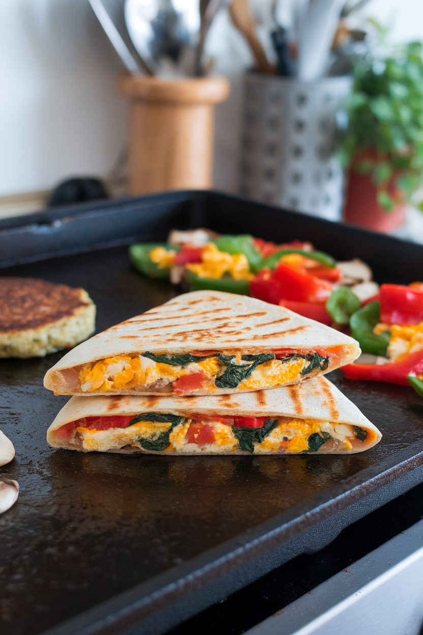 An indoor griddle scene with a sliced quesadilla revealing peppers, spinach, scrambled eggs, and cheddar, no text or logos.