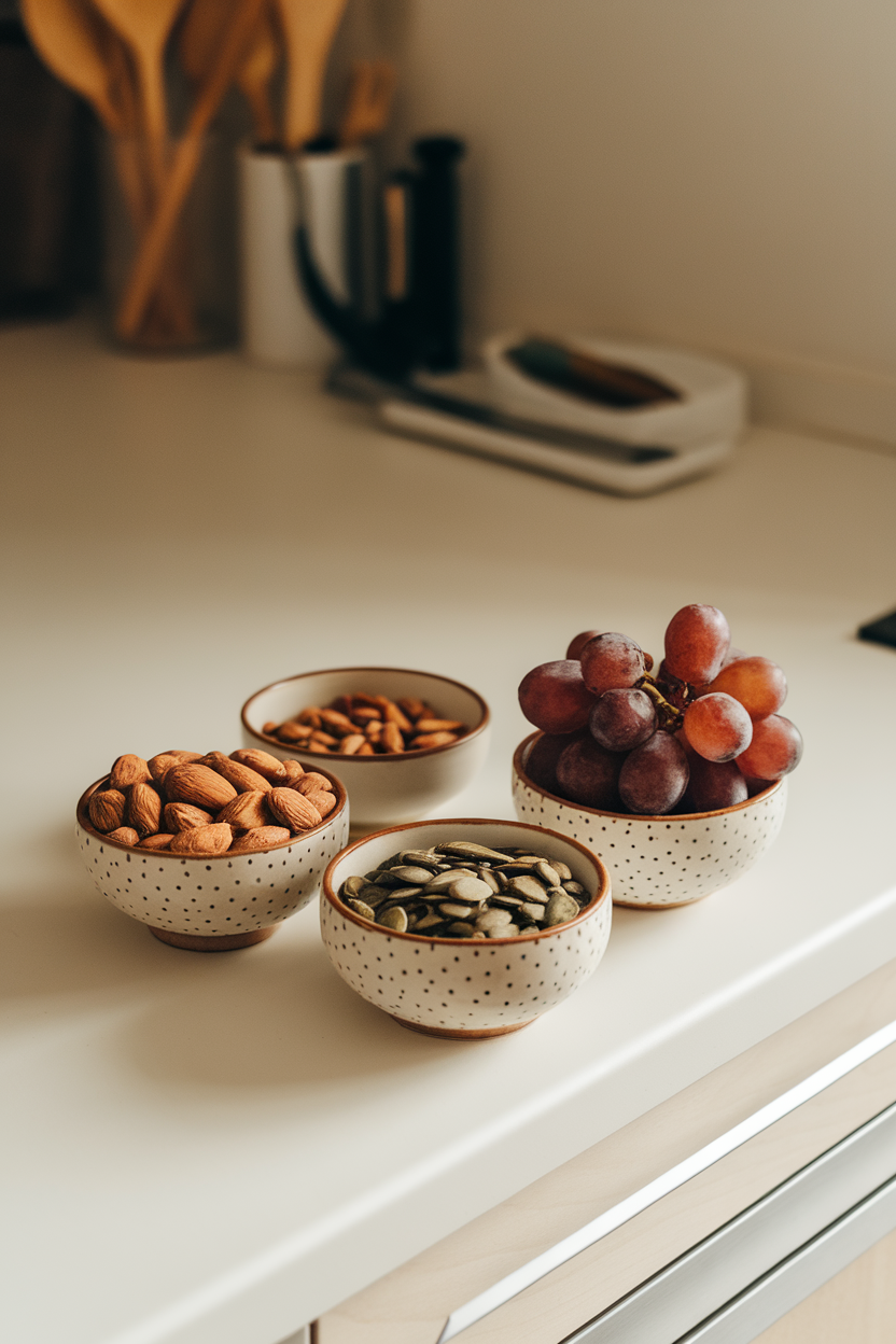 A kitchen countertop with small bowls each containing almonds, pumpkin seeds, and fresh grapes, all under soft indoor light. No text or logos. Photo.