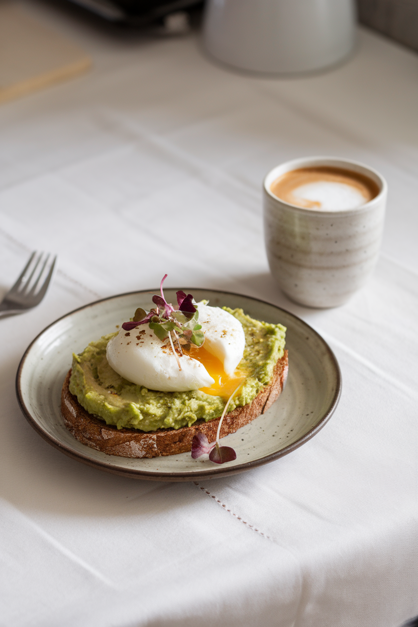An indoor breakfast table featuring whole-grain toast spread with mashed avocado, topped with a runny poached egg and microgreens. Photo, no text or logos.