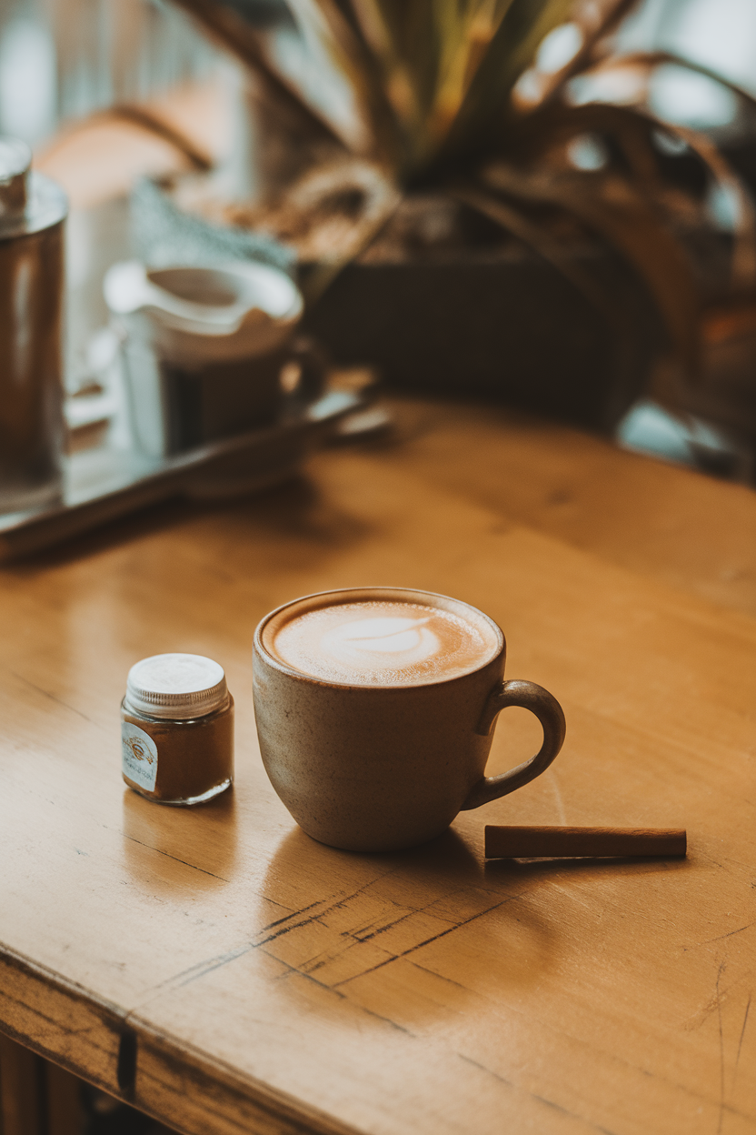 A plain latte in a ceramic mug on an indoor cafe table, a small jar of cinnamon beside it; no text or logos; photo