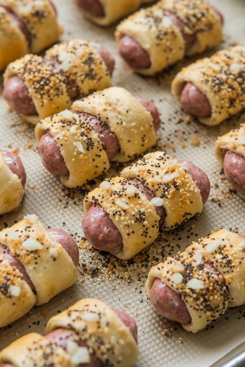 An indoor baking sheet of mini crescent-wrapped sausages sprinkled with everything bagel seasoning, no text or logos.