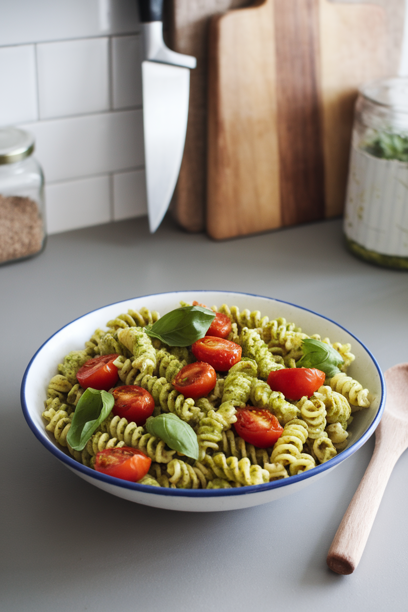 An indoor countertop displaying a bowl of whole-wheat fusilli coated in bright green pesto, dotted with halved roasted cherry tomatoes and basil leaves. No text or logos. Photo.