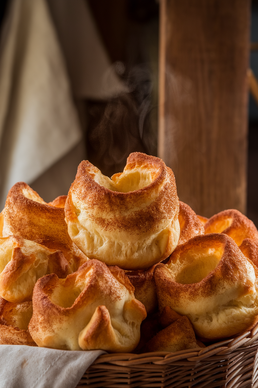 A basket indoors piled high with airy popovers coated in cinnamon sugar, steam gently rising. No text or logos. Photo, not illustration.