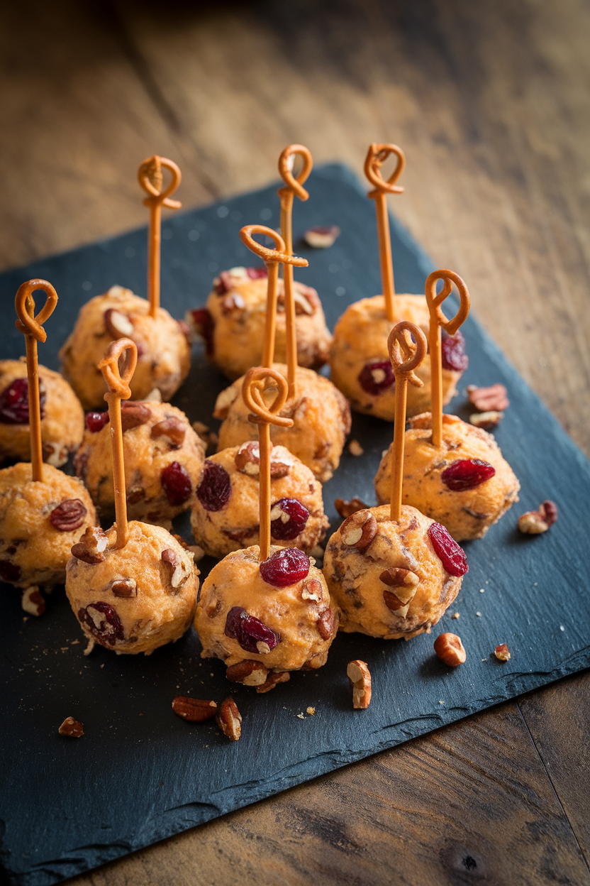 Indoor photo of mini cheese balls rolled in chopped cranberries and pecans, skewered with pretzel sticks for easy grabbing, on a slate board. No text or logos.
