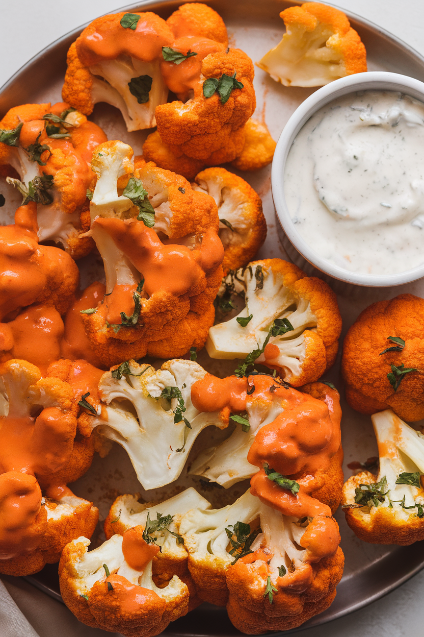 Indoor photo of baked cauliflower florets coated in bright orange buffalo sauce, arranged on a platter with a ramekin of light ranch yogurt dip. No text or logos.