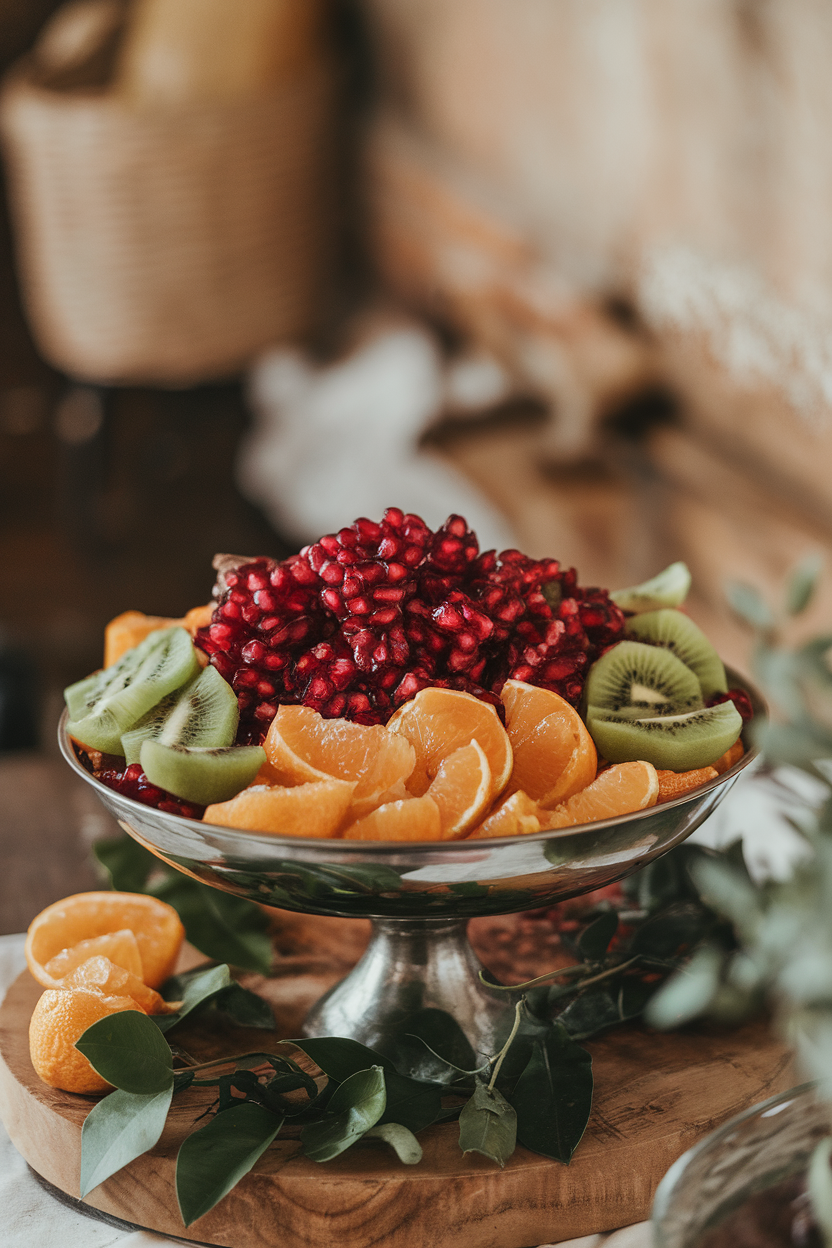 An indoor serving bowl brimming with red and green fruit: pomegranate arils, kiwi slices, and honey-glazed citrus segments. No text or logos. Photo, not illustration.