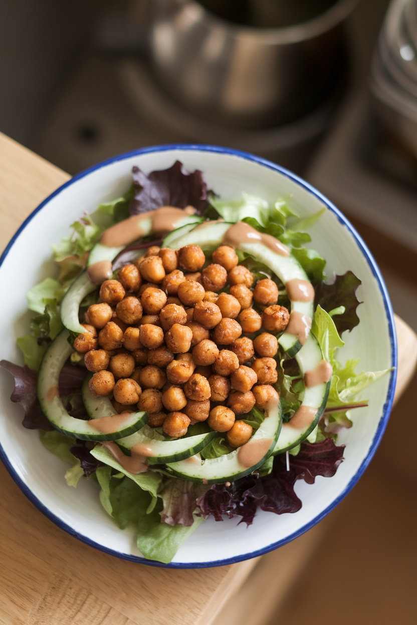 Indoor salad plate showing spiced roasted chickpeas over mixed greens with cucumber ribbons and tahini drizzle, overhead view. No text or logos.
