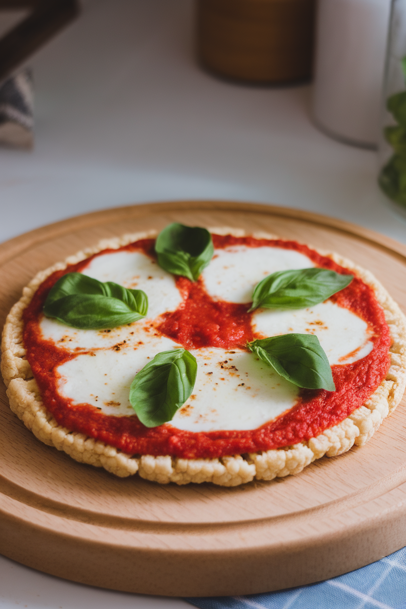 Indoor photo of a round cauliflower pizza crust topped with tomato sauce, melted mozzarella, and basil leaves on a wooden pizza board. No text or logos.
