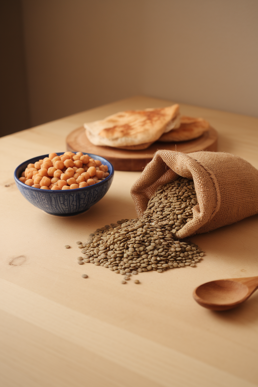 Indoor dining table with a small burlap sack spilling dry lentils beside a bowl of cooked chickpeas. Soft warm lighting, no text or logos in scene, photo not illustration.