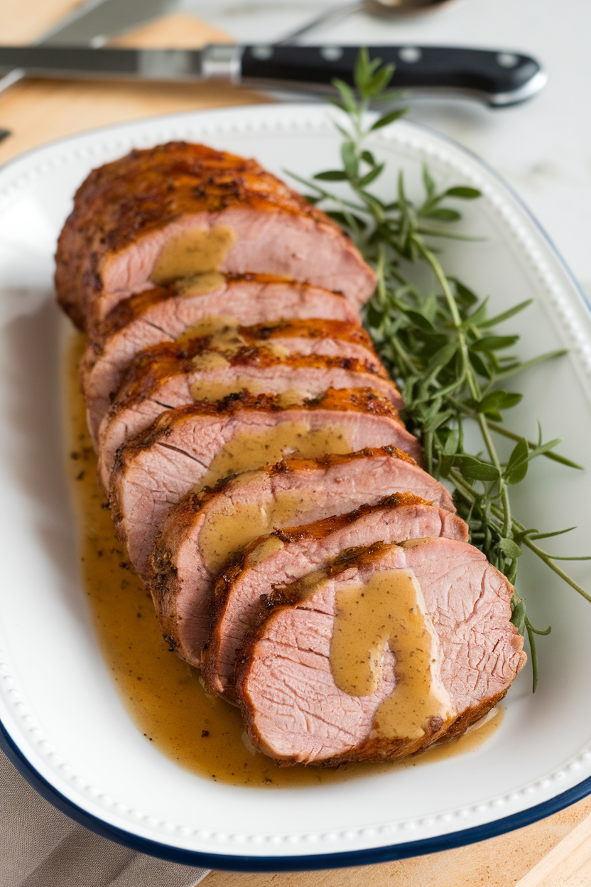 Indoor photo of sliced pork tenderloin drizzled with maple-mustard sauce on a white platter; no text or logos