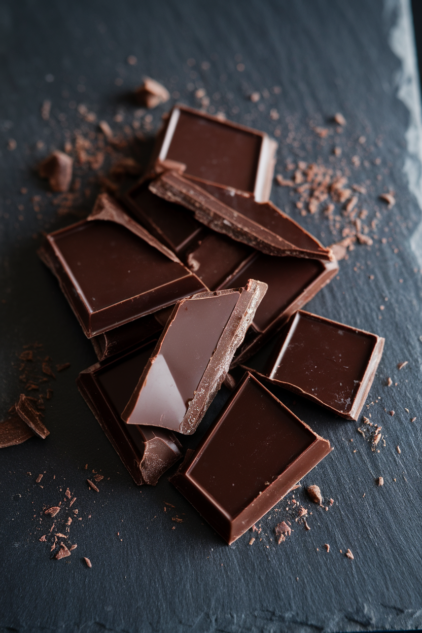 Indoor close-up of broken pieces of 70% dark chocolate on a slate board, soft lighting. No text or logos. Photo, not illustration.