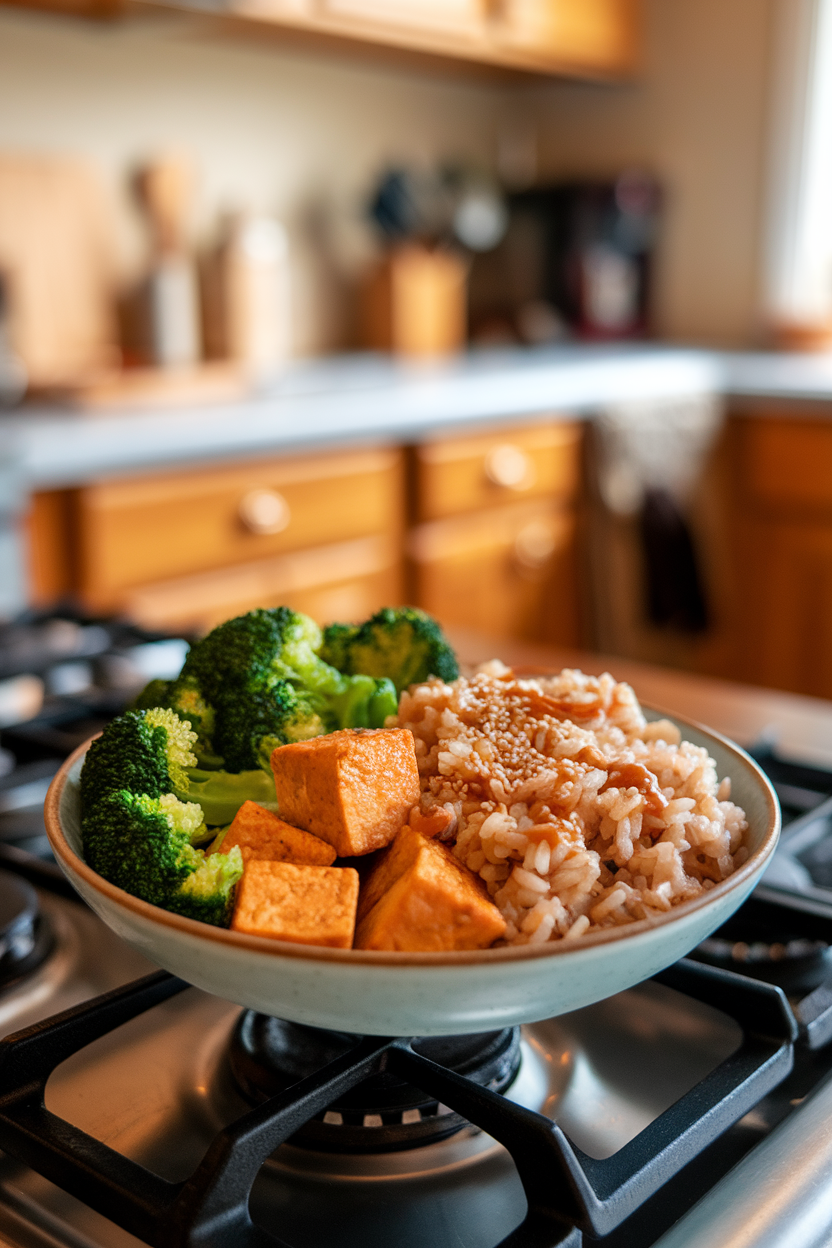 Indoor stovetop scene with a bowl of baked tofu cubes, bright steamed broccoli, and brown rice drizzled lightly with sesame seeds and sauce. No logos or text. Photo, not illustration.