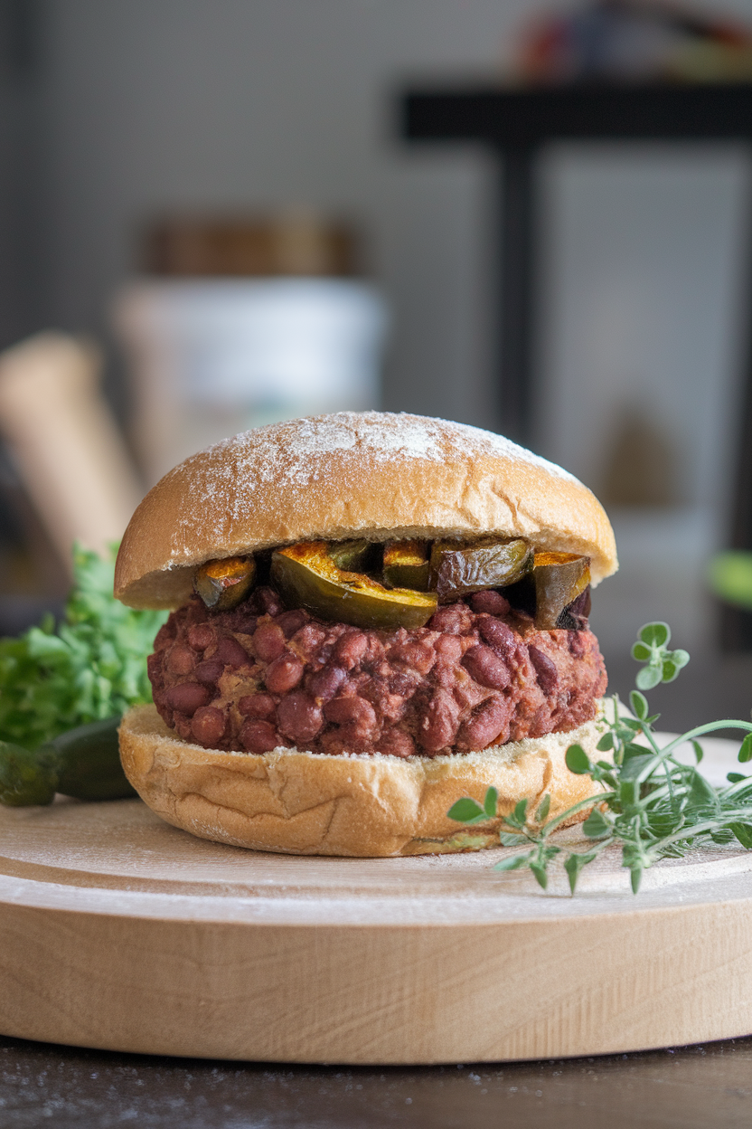 Photo of a pinto bean burger with roasted poblano strips on top, on a cornmeal-dusted bun indoors; no text or logos; photo, not illustration