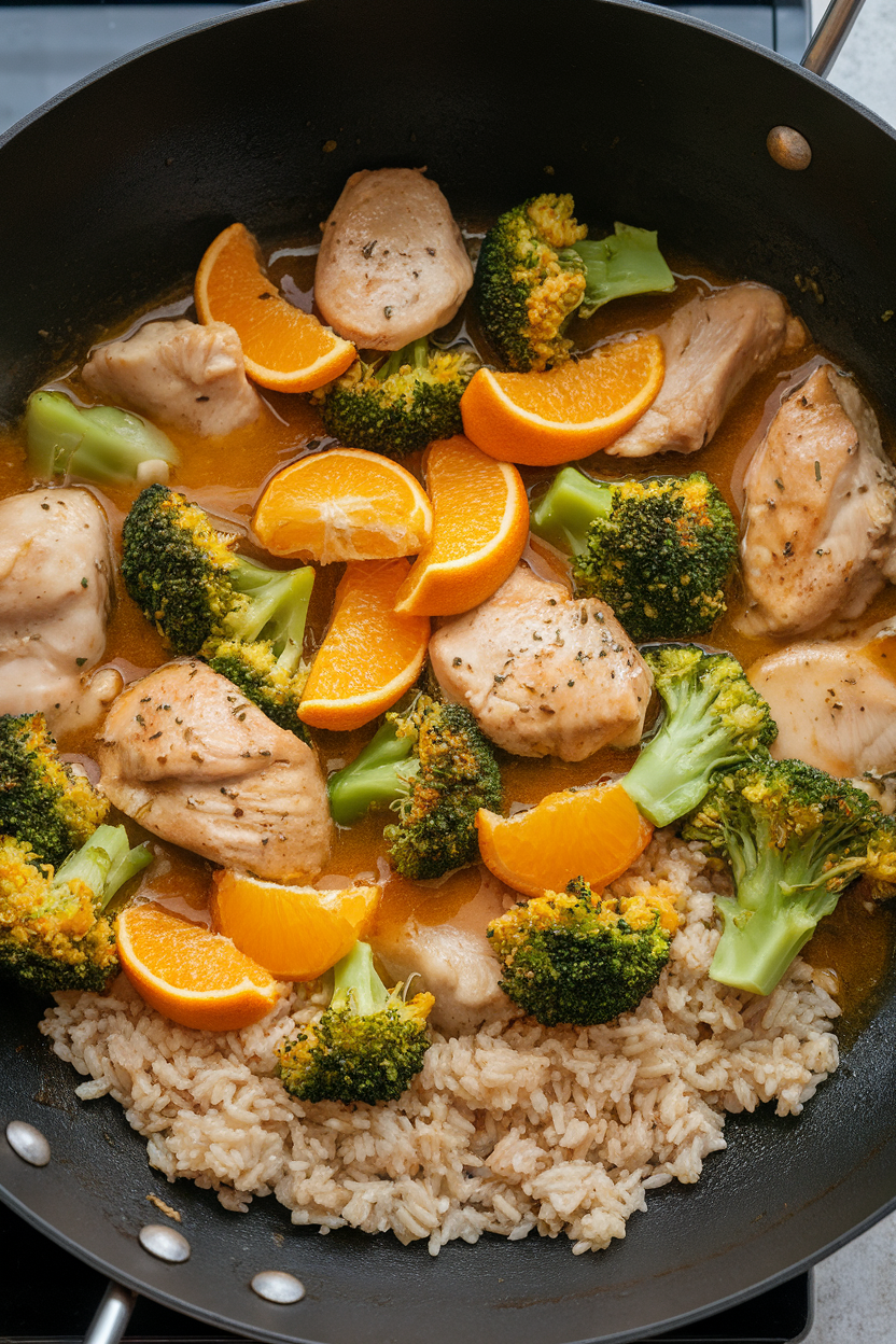 Indoor wok shot with chunks of chicken breast, broccoli florets, and orange slices in a glossy ginger sauce served over brown rice. No text or logos present. Photo only.