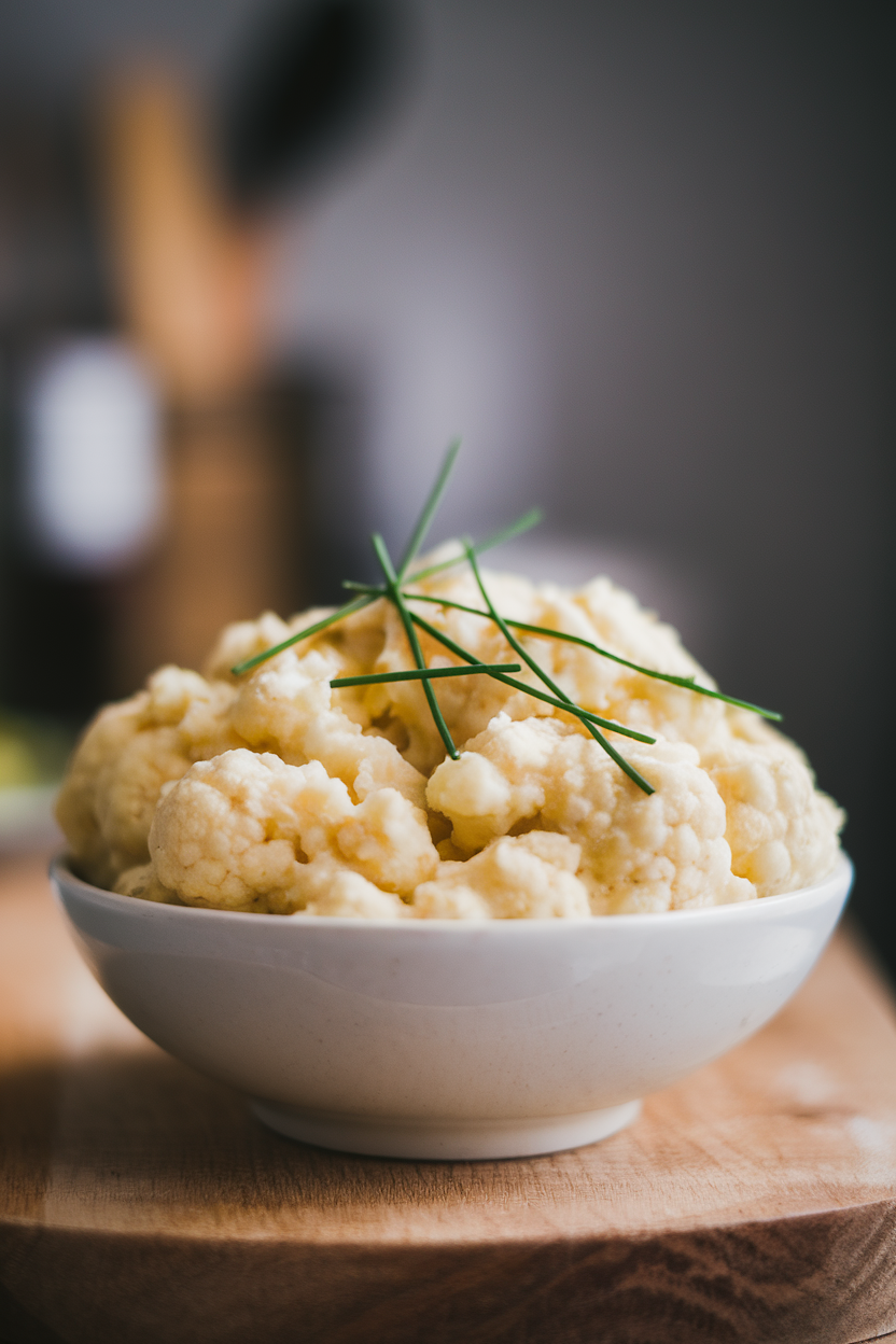 A white bowl indoors filled with creamy cauliflower mash, topped with snipped chives. Photo, no text or logos.