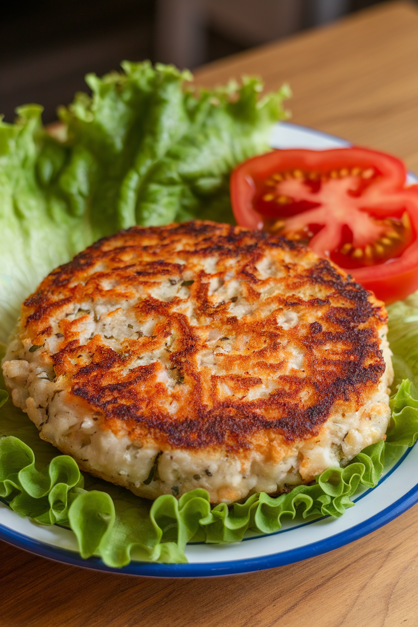 Photo of a cooked catfish patty with Cajun spices, served on a plate with lettuce and tomato indoors; no text or logos; photo, not illustration