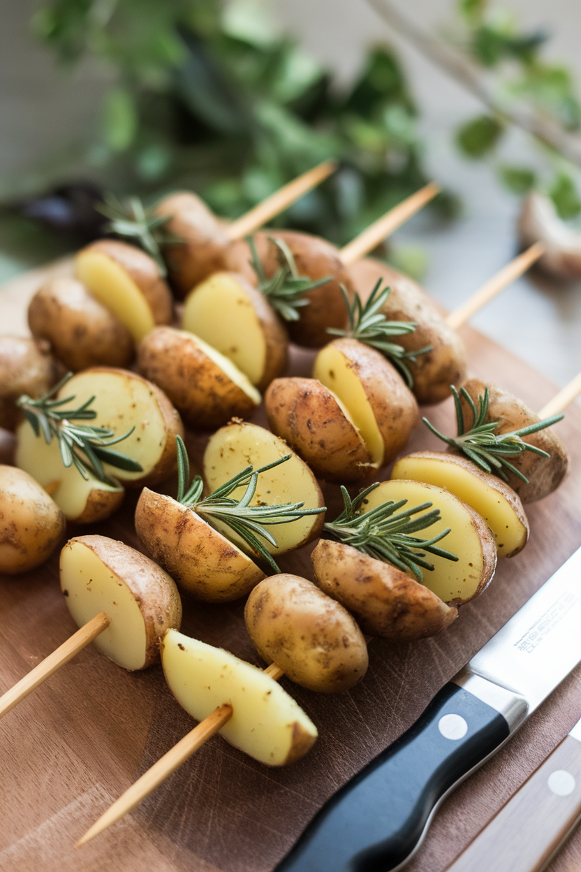 Indoor bamboo skewers threaded with baby potato halves dusted with rosemary and garlic. Warm light, no logos.