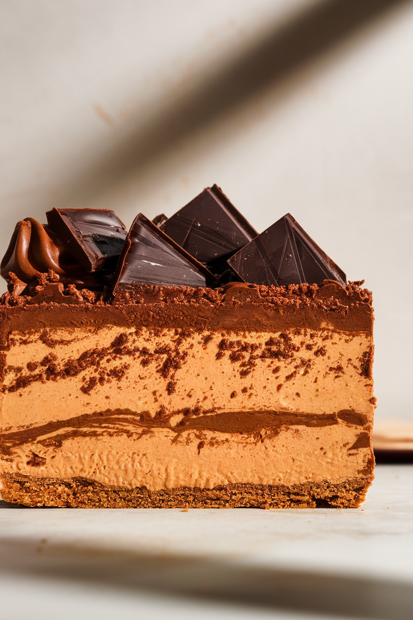 Indoor image of layered bars with a speculoos cookie crust, creamy cookie butter layer, and dark chocolate topping; no text or logos.