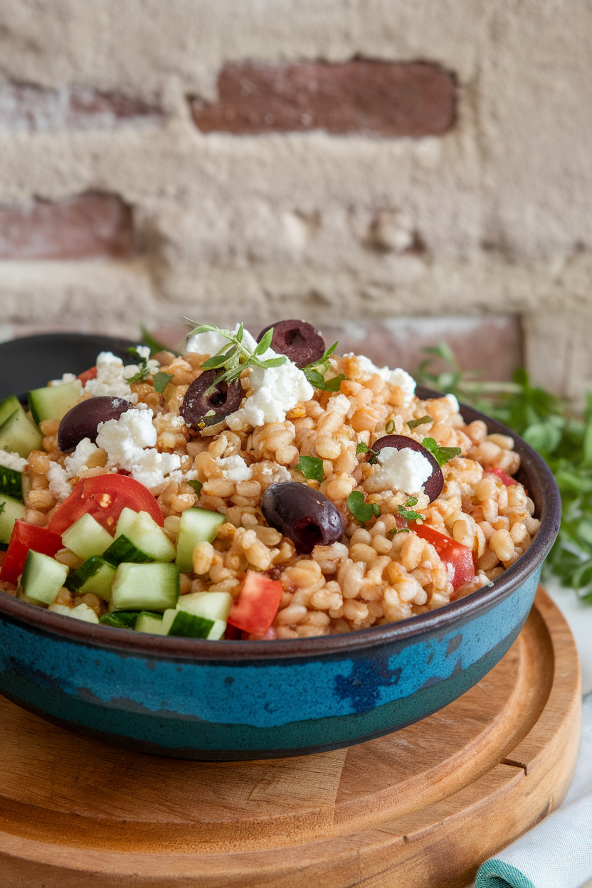 An indoor ceramic bowl filled with cooked farro, diced cucumbers, tomatoes, olives, and crumbled feta. No text or logos.