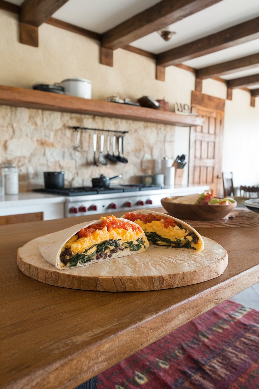 Indoor kitchen island featuring a whole-wheat tortilla stuffed with scrambled eggs, spinach, black beans, and salsa, cut in half to show filling. No text or logos. Photo.