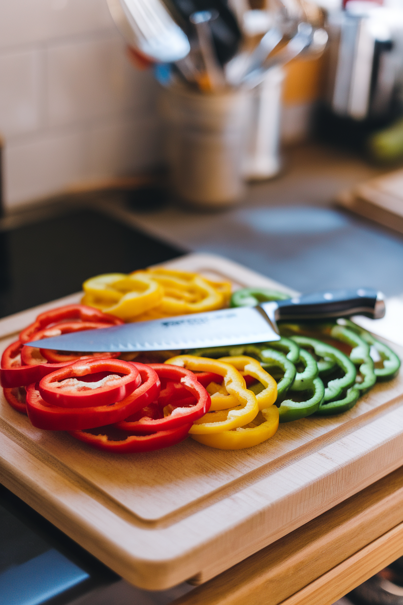 An indoor cutting board holding red, yellow, and green bell pepper rings neatly arranged around a chef’s knife, no text or logos.