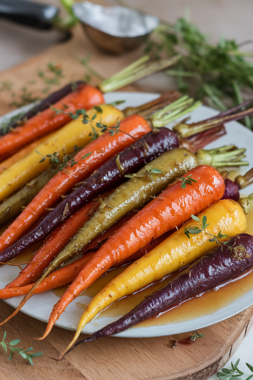 An indoor platter of roasted rainbow carrots coated in shiny maple glaze, photo, no text or logos.