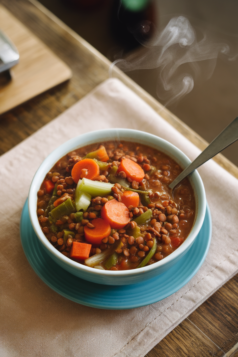 A steaming indoor bowl of lentil and vegetable stew on a wooden table, slight overhead angle, photo, no text or logos