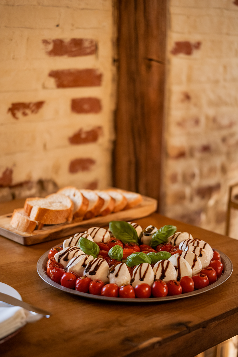 A warmly lit indoor dining table showing a platter of roasted cherry tomatoes, sliced fresh mozzarella, and basil leaves drizzled with balsamic glaze. No text or logos present. Photo.