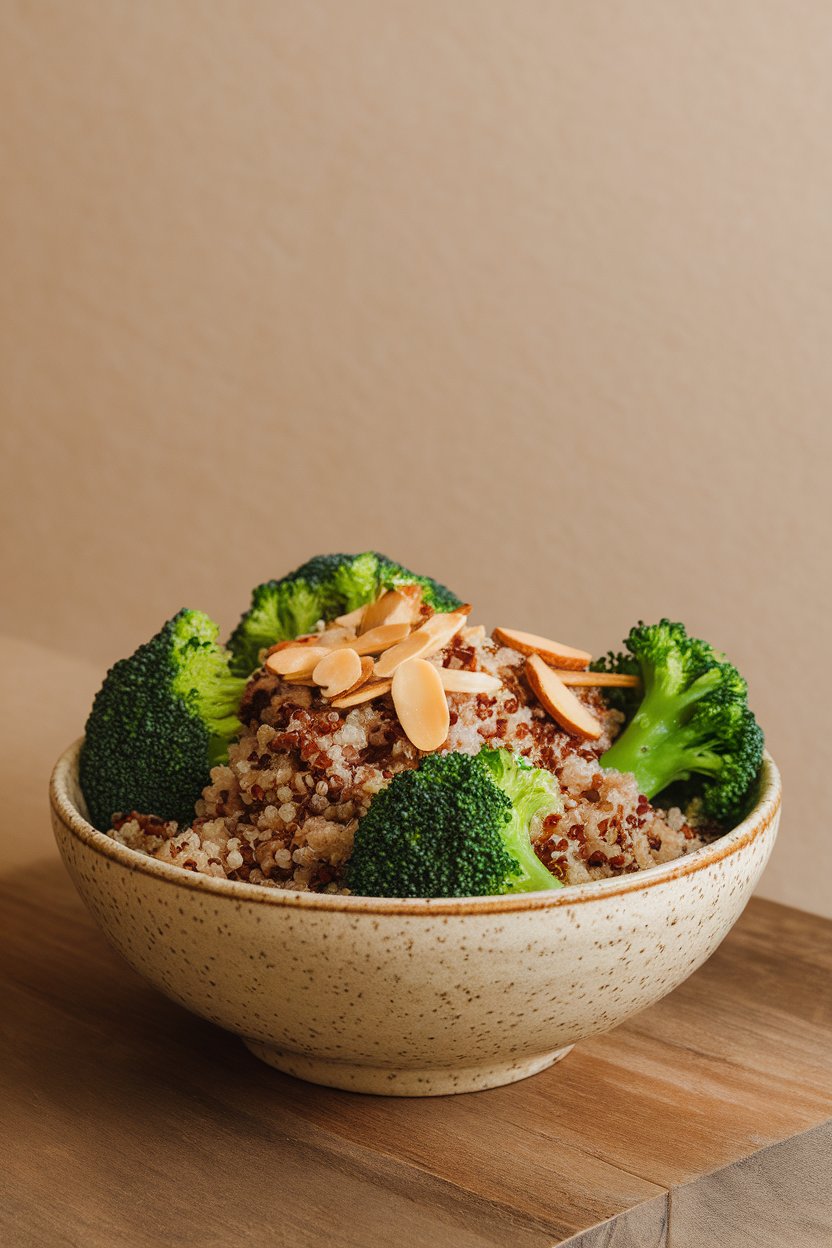 Indoor bowl of quinoa mixed with bright green broccoli florets and toasted almond slivers; even lighting, no text or logos.