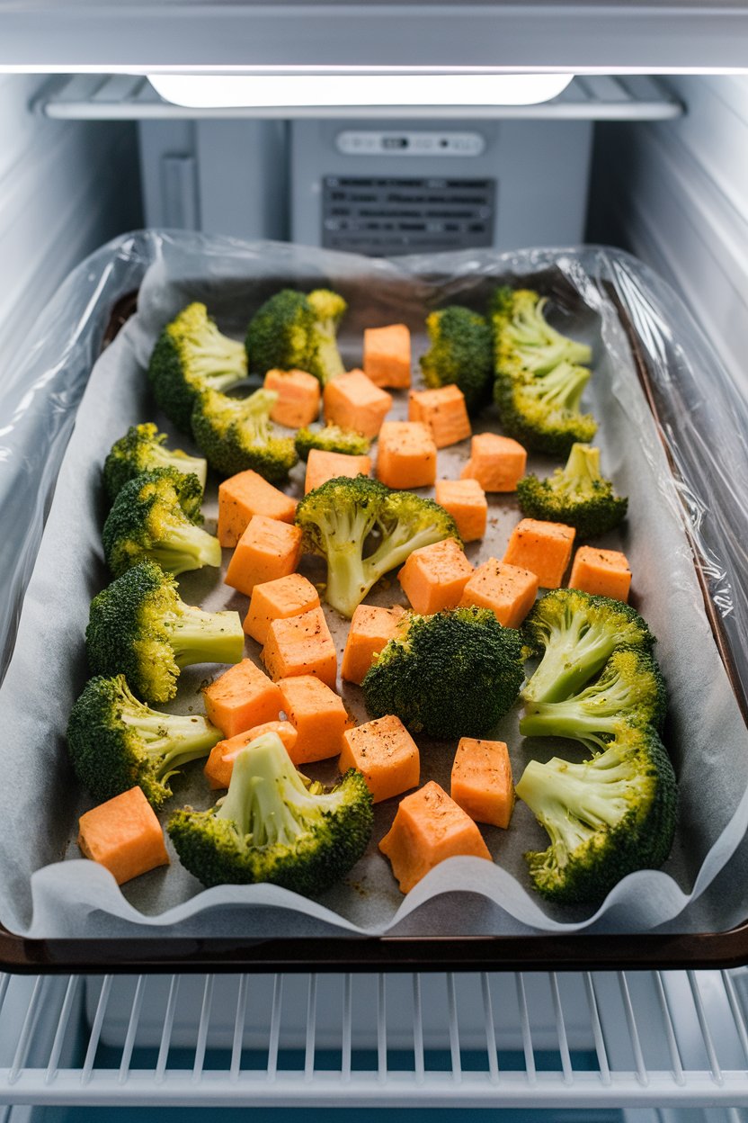 Photo of a baking sheet lined with parchment holding seasoned broccoli and sweet potato cubes, covered with wrap, in a fridge. Indoor fridge light, no text or logos.