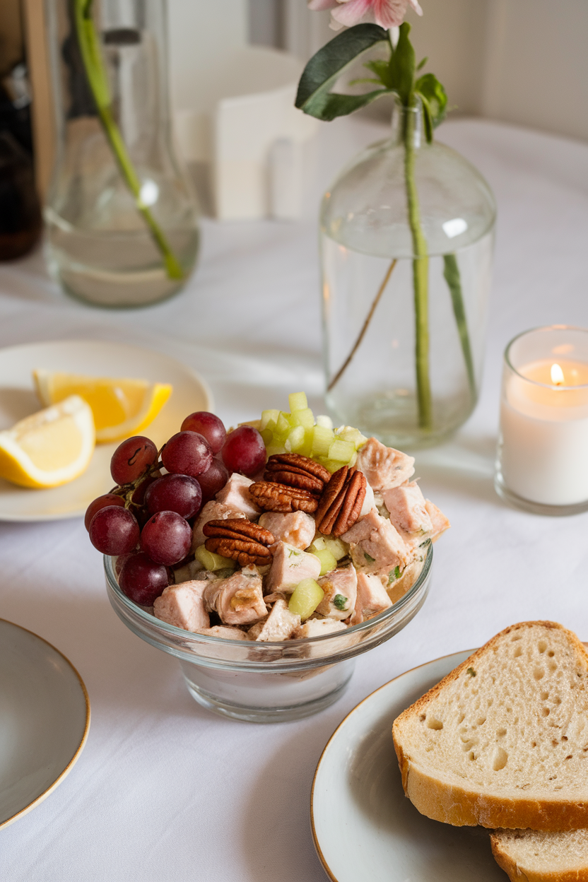 Indoor dining table scene showing a small serving bowl of diced chicken breast, halved red grapes, toasted pecans, and celery bits — no logos