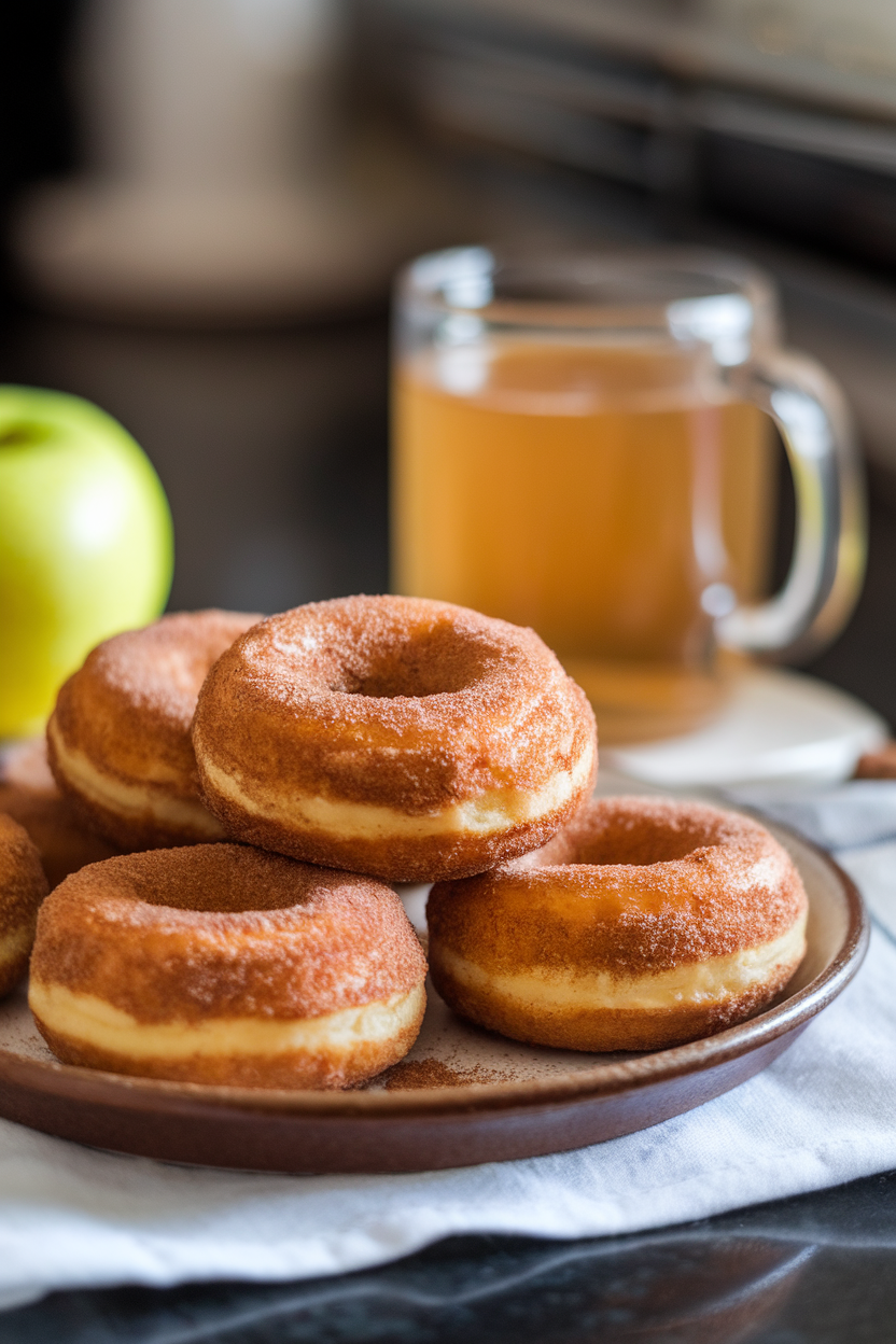 An indoor countertop with a plate of cinnamon-sugar-coated baked apple cider doughnuts, a mug of cider blurred behind. No text or logos.