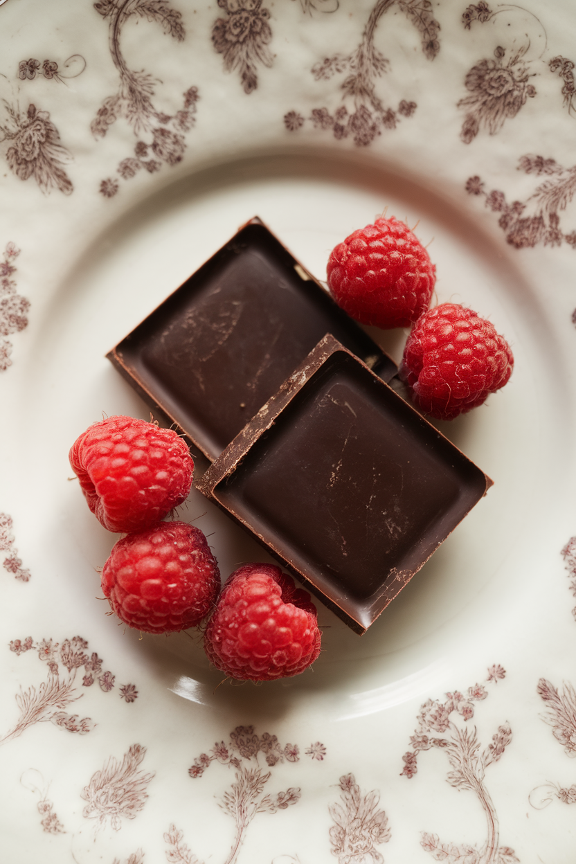 Photo of an indoor dessert plate with two squares of dark chocolate alongside fresh raspberries. No text or logos on chocolate.