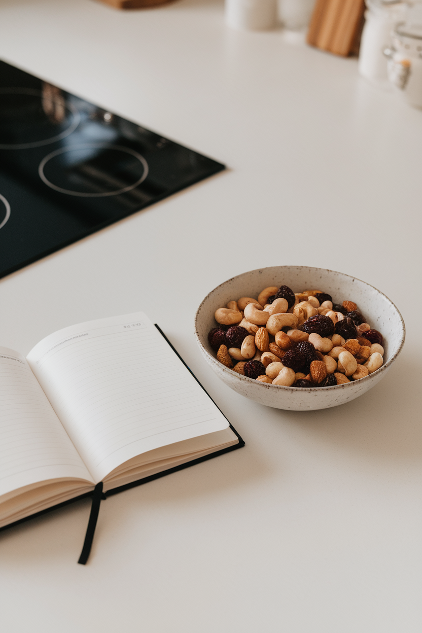 Photo of an indoor kitchen counter showing an open journal beside a bowl of mixed nuts and dried fruit, no text or logos.
