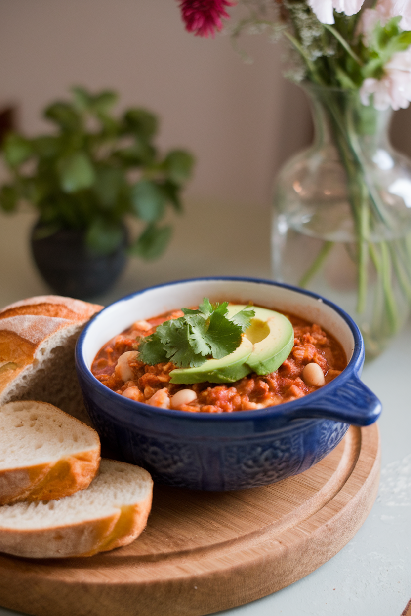 An indoor dining table featuring a ceramic bowl of chunky turkey and white bean chili topped with sliced avocado and fresh cilantro. No text or logos visible.