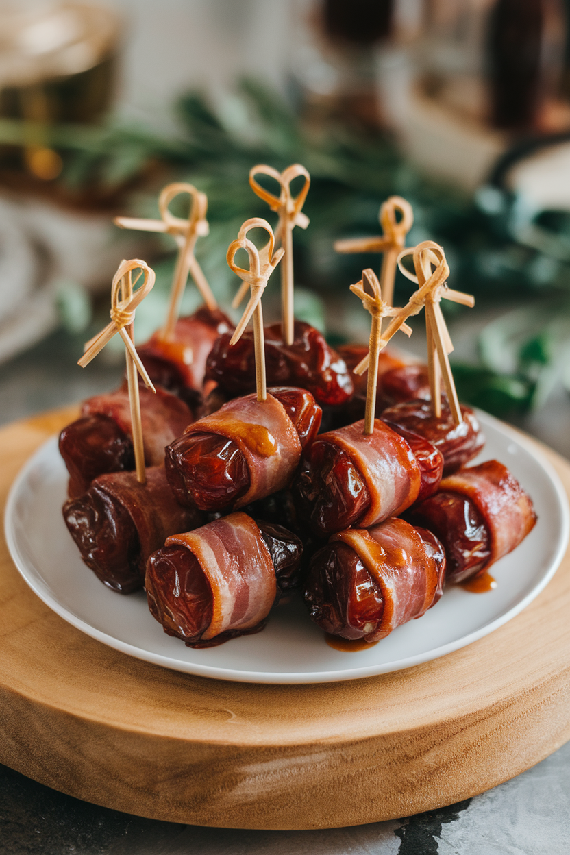 Indoor photo of a small white platter piled with glossy, bacon-wrapped dates held together by cocktail sticks, a slight sheen of maple glaze catching warm light. No text or logos.
