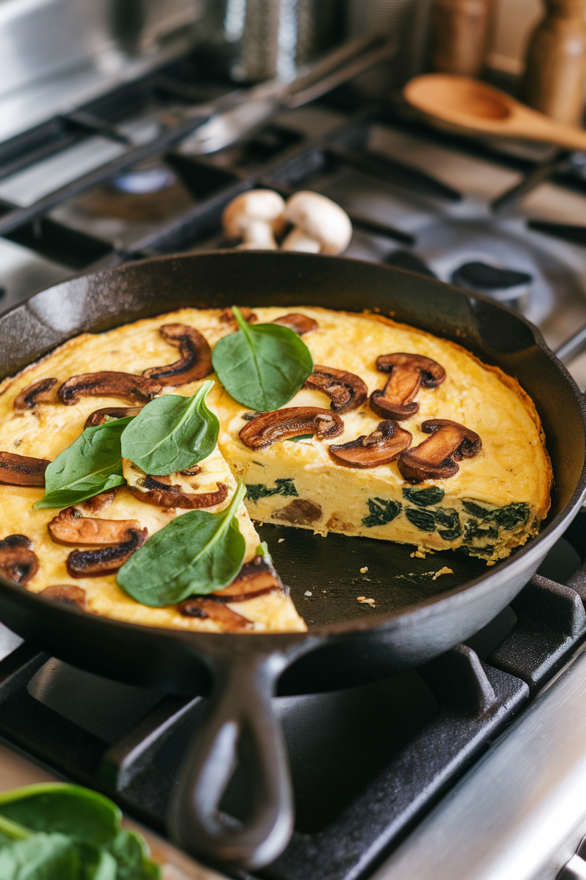 Photo of a cast-iron skillet on a stovetop containing a sliced wedge of frittata dotted with spinach leaves and sautéed mushrooms. Indoor lighting, no text or logos.</Prompt